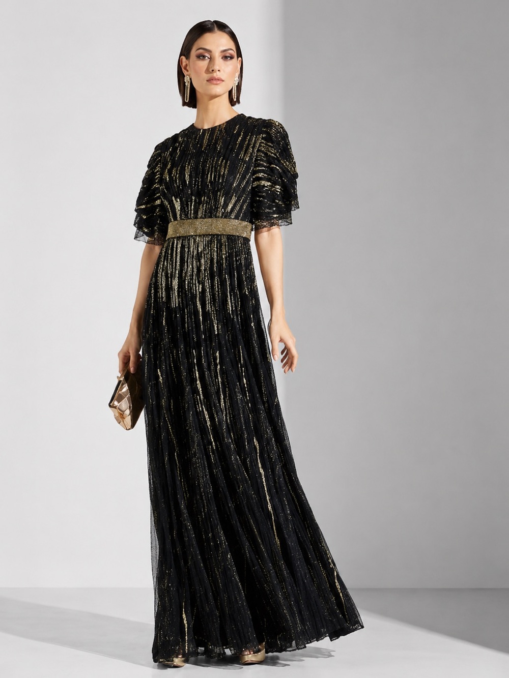 Mac Duggal 93582 Belted Embellished Headed Sequin Short Sleeve Wedding MOB Gown - Picture 6 of 12
